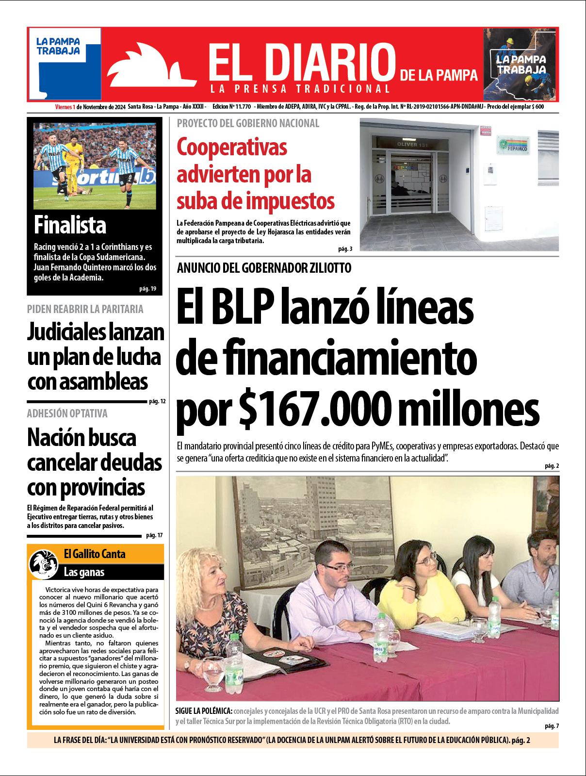 Tapa de El Diario en papel  viernes 01 de noviembre de 2024